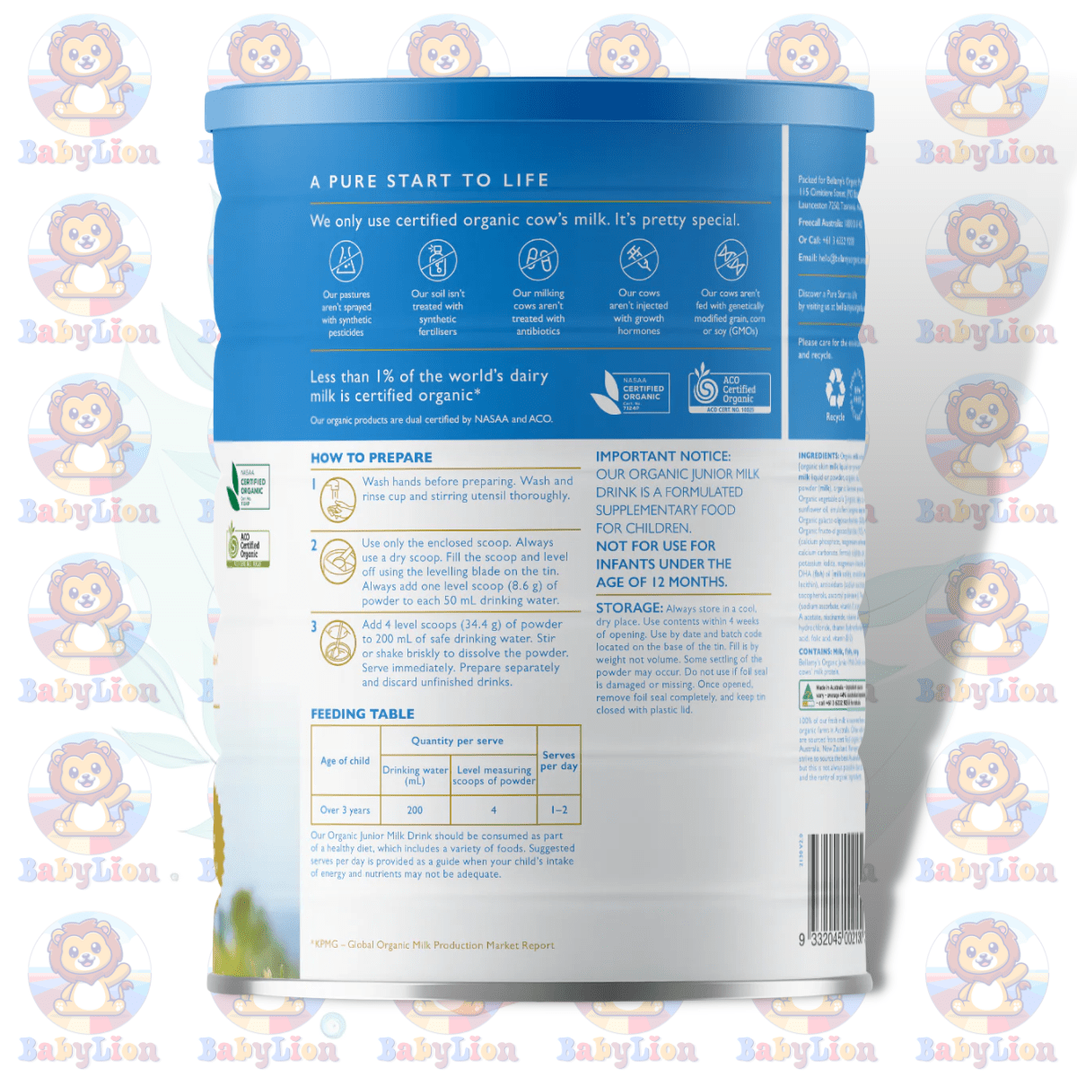 Bellamy'S Organic Step 4 Junior Milk Drink - 900G Image 03 Bellamy'S Organic Step 4 Junior Milk Drink - 900G - With Omega 3 Dha, Prebiotics - For Active Children Over 3 Years - Image 3
